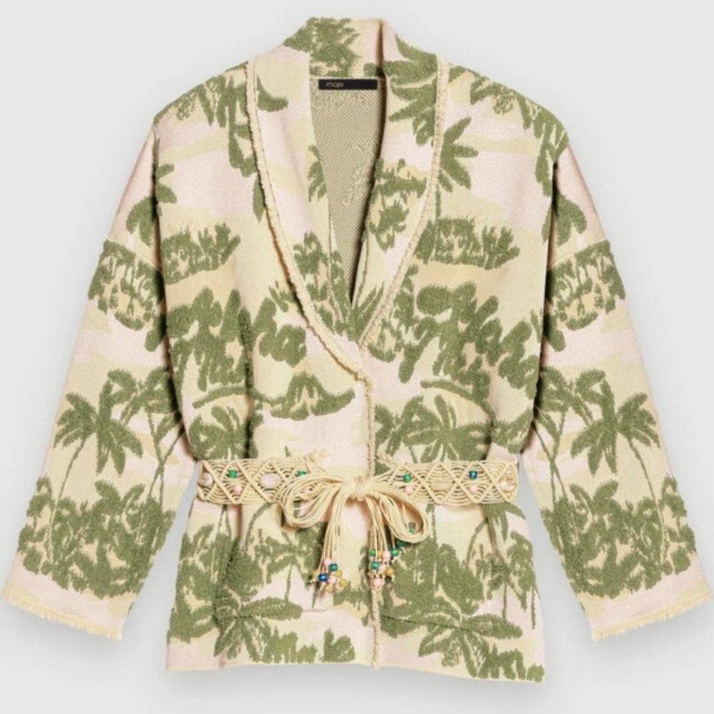 Maje Sweaters | Maje Cardigan with Palm Tree Motifs Size 3 | Color: Cream/Green